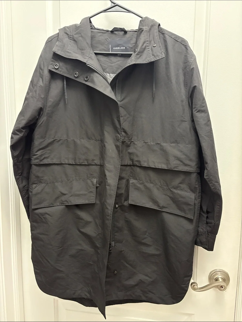 Everlane ReNew Long Anorak Black Hooded Rain Jacket Coat Women’s Small Oversized